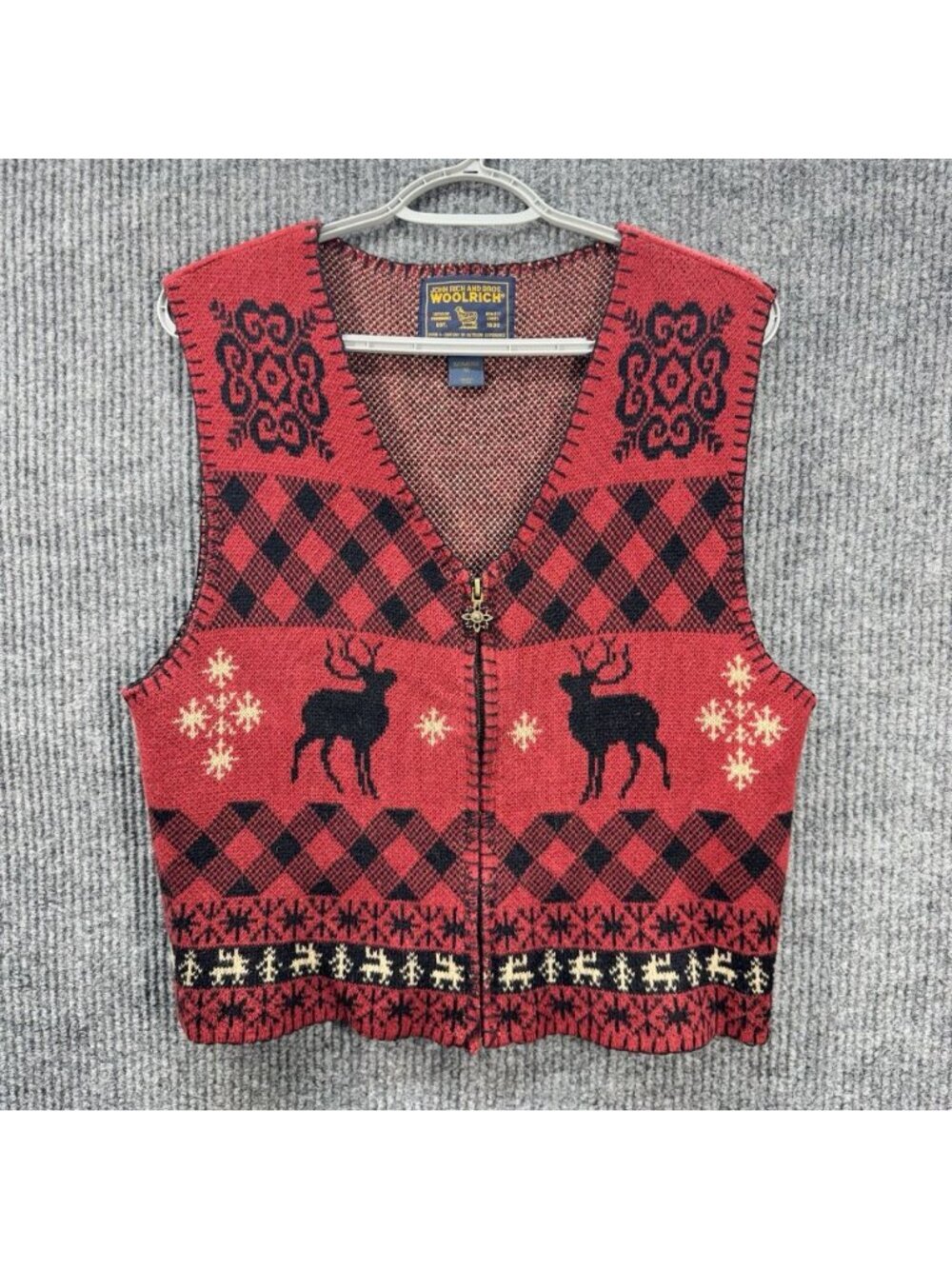 Vintage Woolrich Vest Womens Medium Red Black Deer Reindeer Snowflake Full Zip